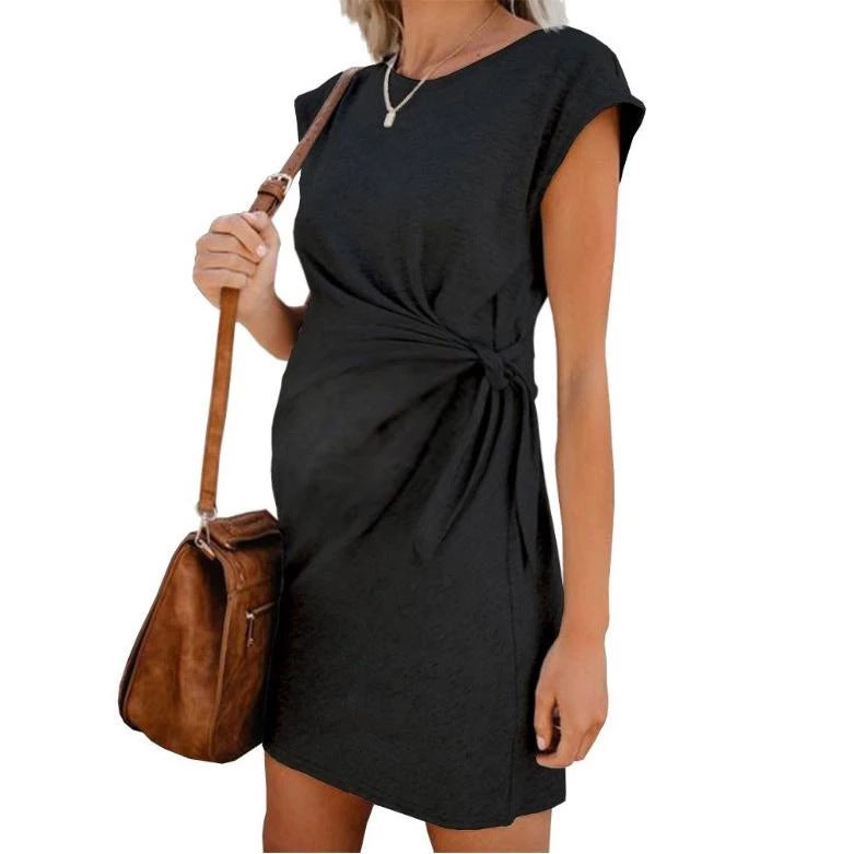 Cotton Tie Round Neck Maternity Dress: Comfort Meets Style